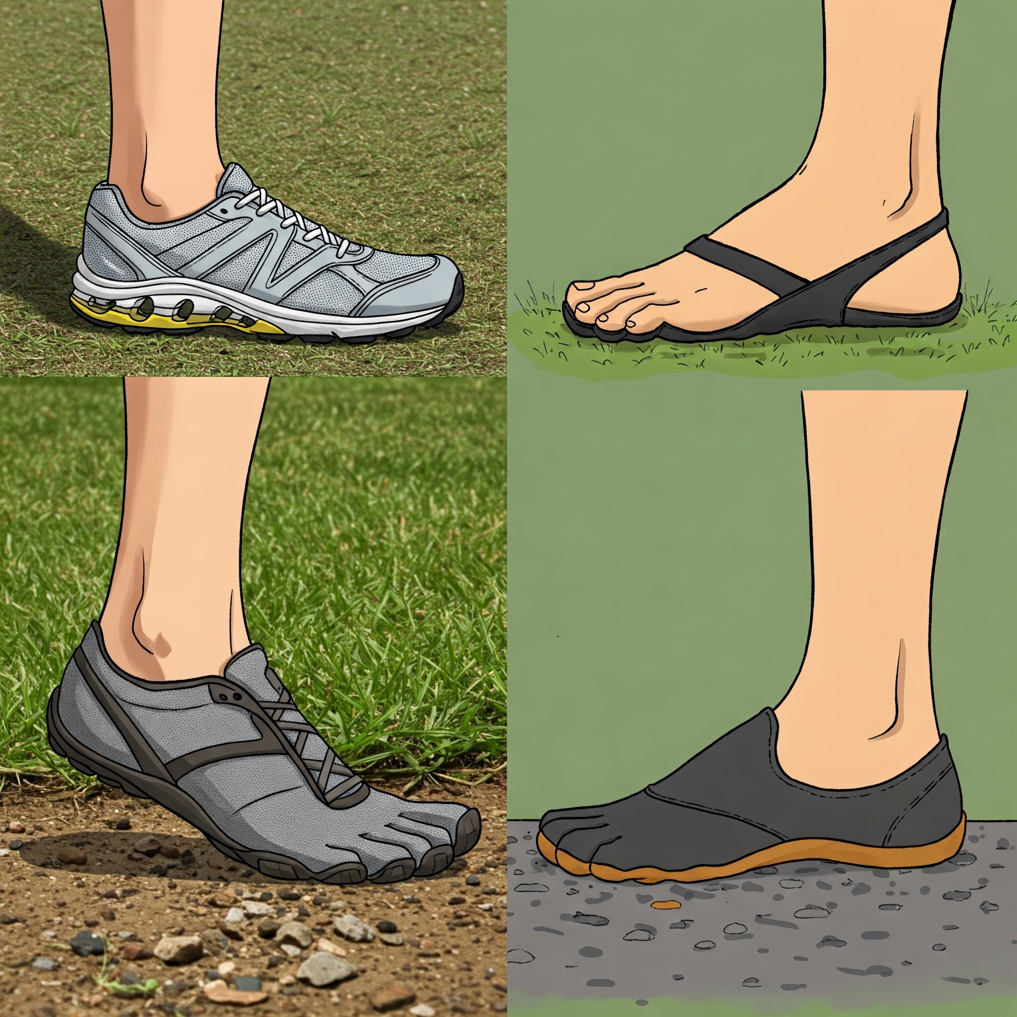 Imagen comparativa de un pie con calzado convencional (con suela gruesa) vs. un pie con calzado barefoot (con suela delgada), mostrando la diferencia en la conexión con el suelo.