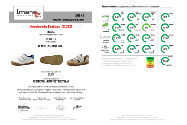 Ejemplo de certificado Umana de las zapatillas Blanditos by Crio's, mostrando un índice minimalista del 97.8%.