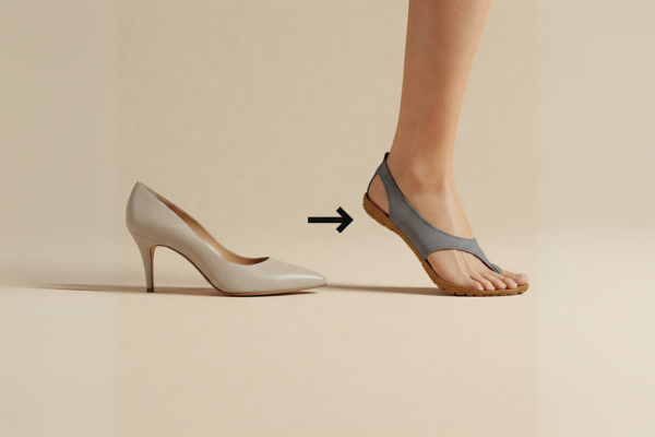 Comparativa: Zapato de tacón estrecho vs. pie en calzado barefoot minimalista (puntera ancha, zero drop) ilustrando la diferencia de espacio y alineación.