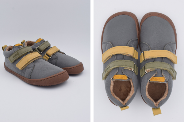 botín barefoot de invierno FlexiNens Cozy color gris y mostaza con forro de merinilla.