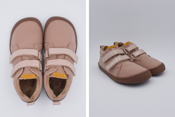 Horma ancha y puntera del botín barefoot FlexiNens Cozy rosa, ideal para el desarrollo del pie.