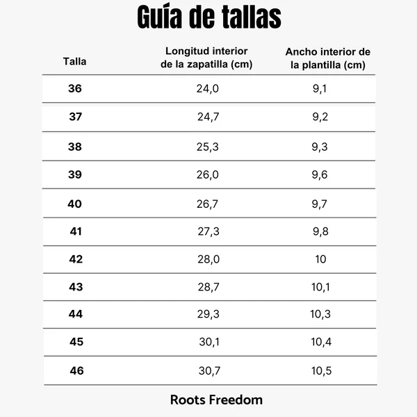 Guía de tallas Roots Freedom