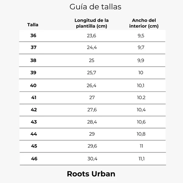 guía de tallas roots urban gris