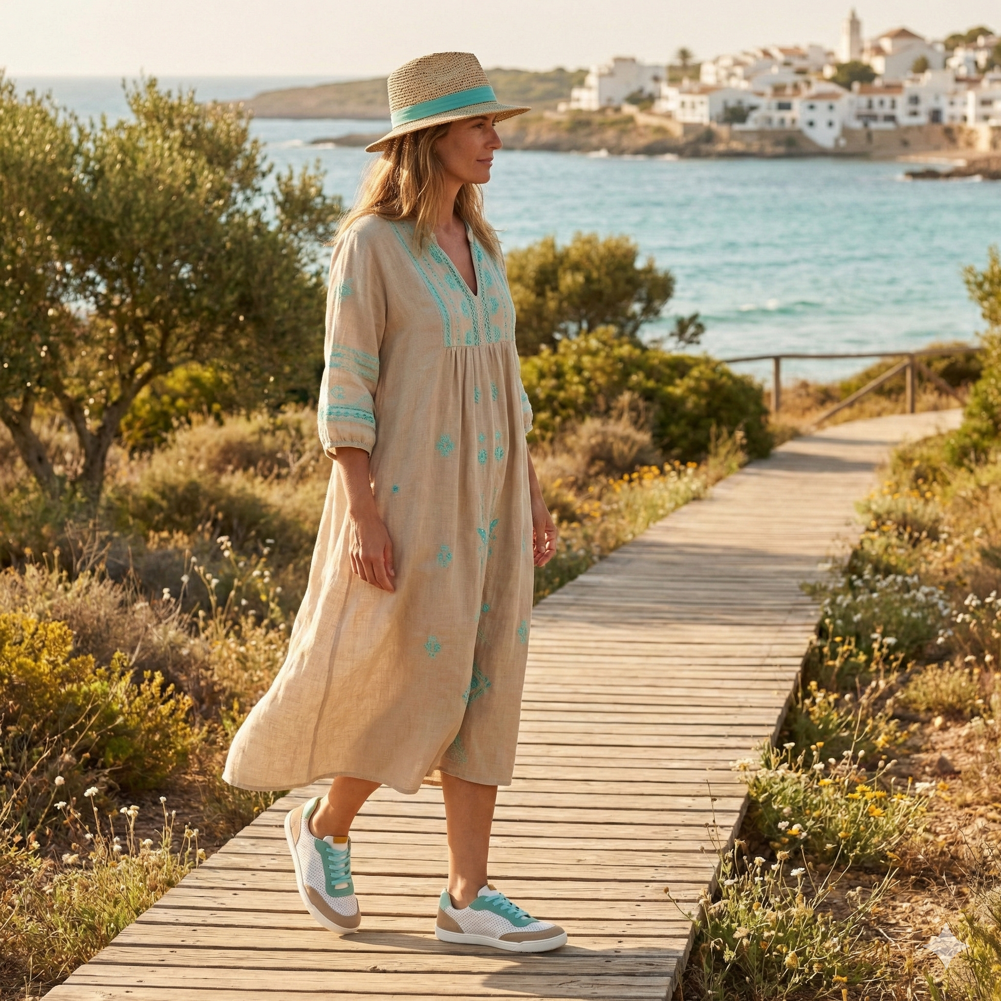 Mujer caminando en verano con zapatillas blancas barefoot